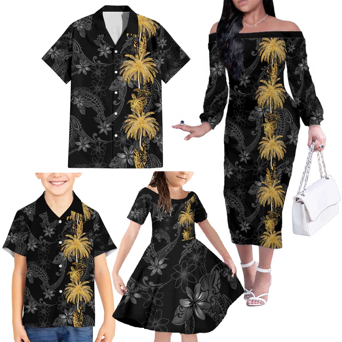 Hawaiian Honu And Surfboards Family Matching Off The Shoulder Long Sleeve Dress and Hawaiian Shirt Gold Style LT05 - Polynesian Pride