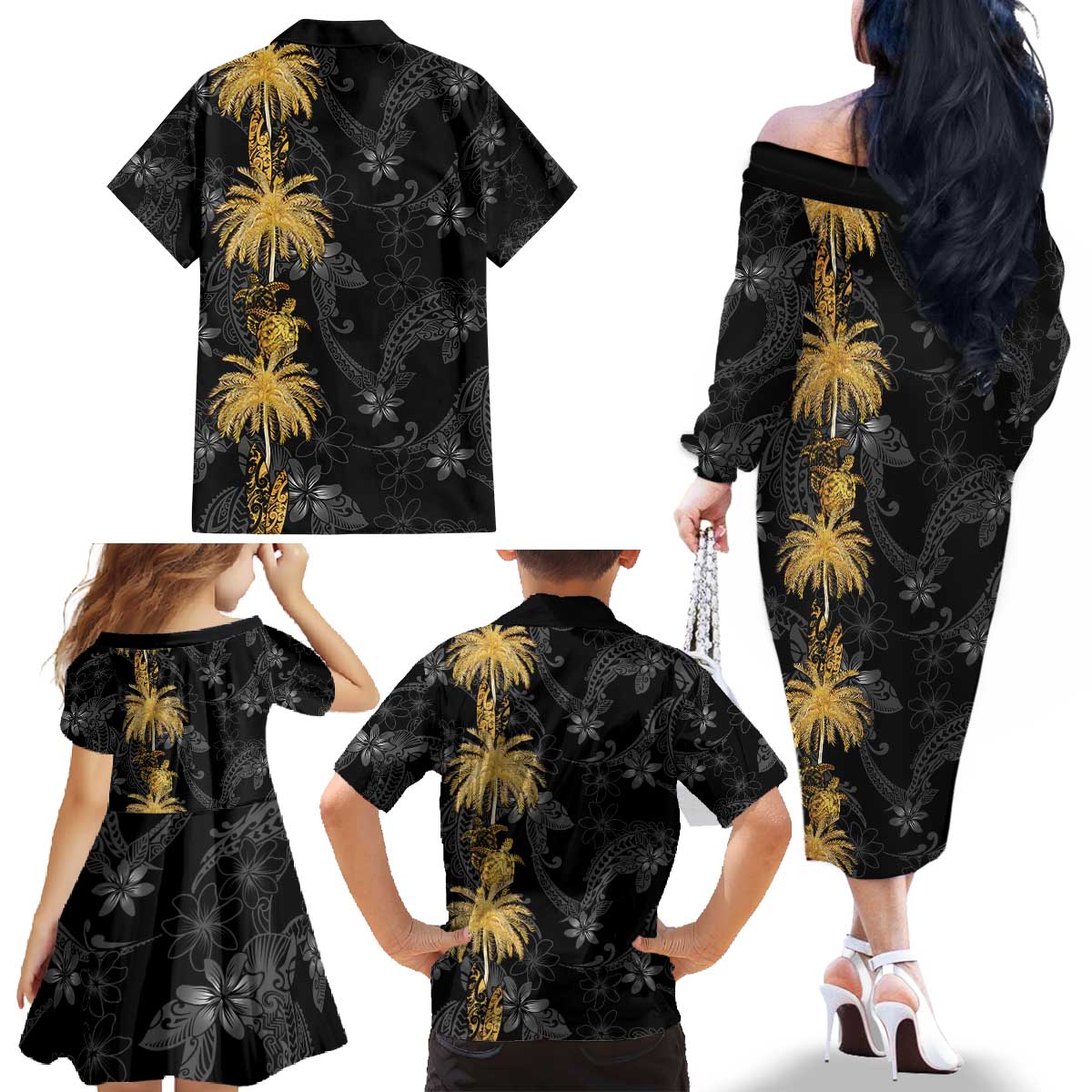 Hawaiian Honu And Surfboards Family Matching Off The Shoulder Long Sleeve Dress and Hawaiian Shirt Gold Style LT05 - Polynesian Pride