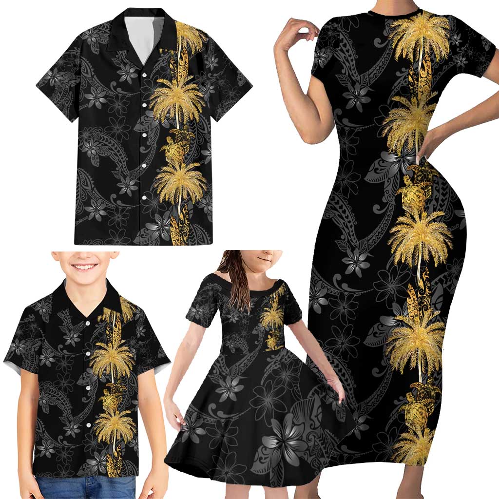 Hawaiian Honu And Surfboards Family Matching Short Sleeve Bodycon Dress and Hawaiian Shirt Gold Style LT05 - Polynesian Pride