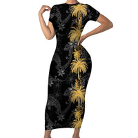 Hawaiian Honu And Surfboards Family Matching Short Sleeve Bodycon Dress and Hawaiian Shirt Gold Style LT05 Mom's Dress Gold - Polynesian Pride