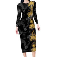Hawaiian Honu And Surfboards Long Sleeve Bodycon Dress Gold Style - Polynesian Pride