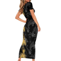 Hawaiian Honu And Surfboards Short Sleeve Bodycon Dress Gold Style - Polynesian Pride