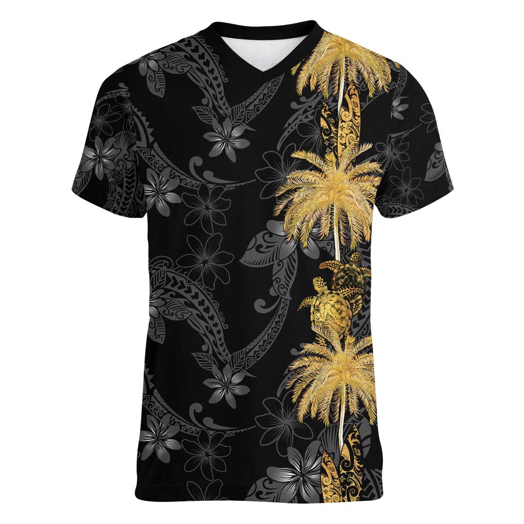 Hawaiian Honu And Surfboards Women V-Neck T-Shirt Gold Style - Polynesian Pride