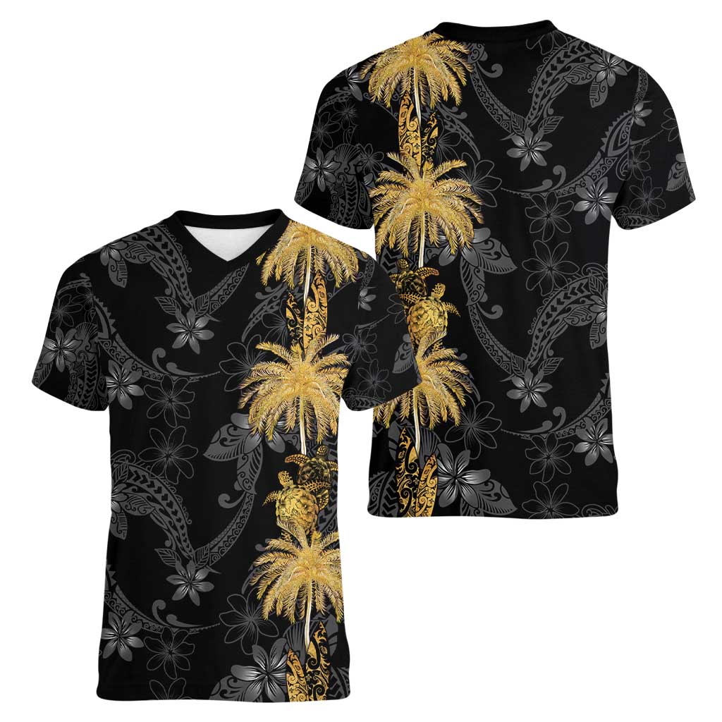 Hawaiian Honu And Surfboards Women V-Neck T-Shirt Gold Style - Polynesian Pride