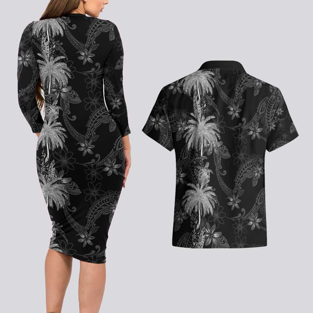 Hawaiian Honu And Surfboards Couples Matching Long Sleeve Bodycon Dress and Hawaiian Shirt Silver Style - Polynesian Pride