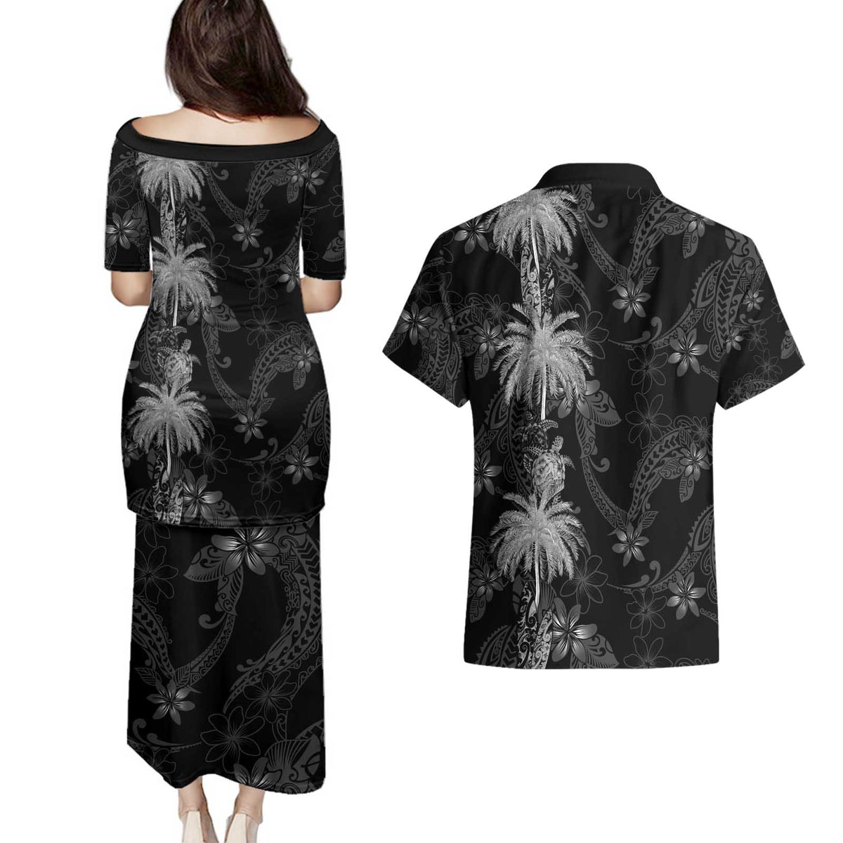 Hawaiian Honu And Surfboards Couples Matching Puletasi and Hawaiian Shirt Silver Style - Polynesian Pride