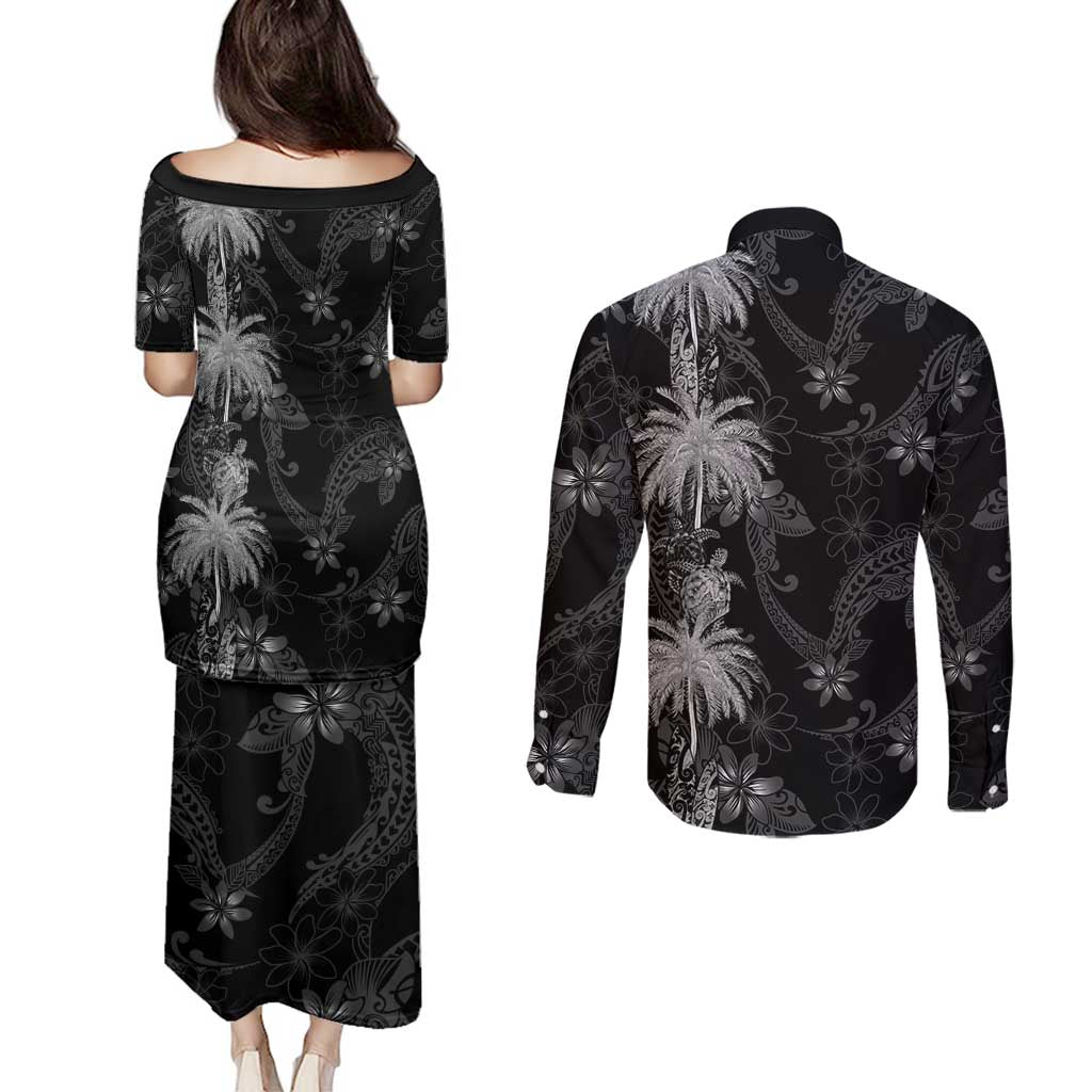 Hawaiian Honu And Surfboards Couples Matching Puletasi and Long Sleeve Button Shirt Silver Style - Polynesian Pride
