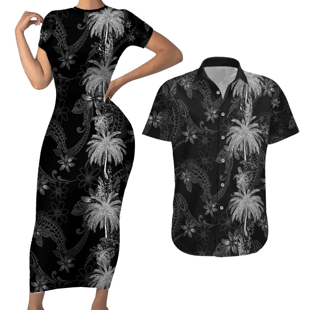Hawaiian Honu And Surfboards Couples Matching Short Sleeve Bodycon Dress and Hawaiian Shirt Silver Style - Polynesian Pride