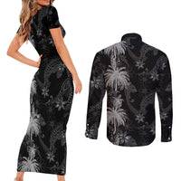 Hawaiian Honu And Surfboards Couples Matching Short Sleeve Bodycon Dress and Long Sleeve Button Shirt Silver Style - Polynesian Pride