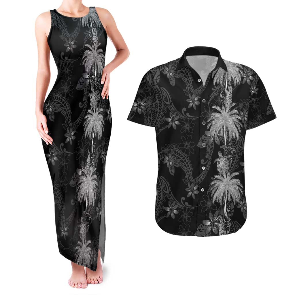 Hawaiian Honu And Surfboards Couples Matching Tank Maxi Dress and Hawaiian Shirt Silver Style - Polynesian Pride