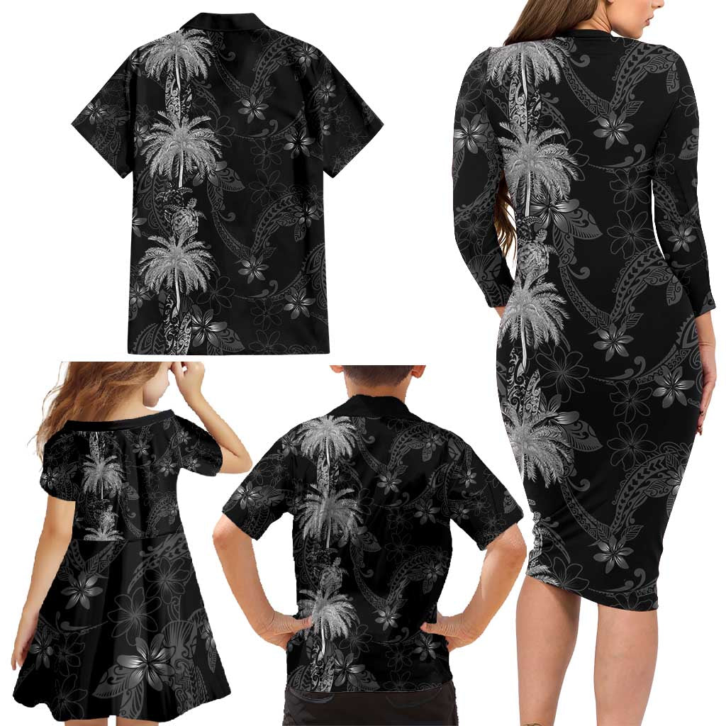 Hawaiian Honu And Surfboards Family Matching Long Sleeve Bodycon Dress and Hawaiian Shirt Silver Style LT05 - Polynesian Pride