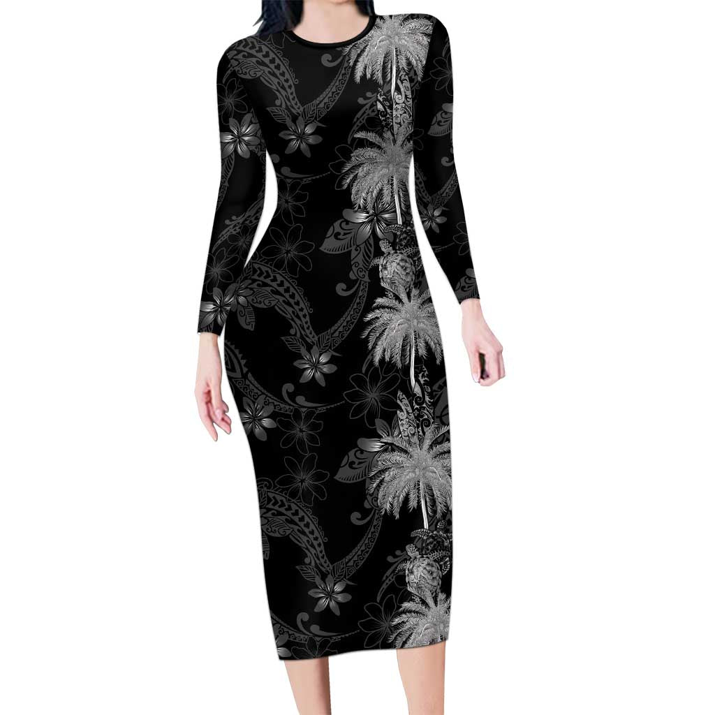 Hawaiian Honu And Surfboards Family Matching Long Sleeve Bodycon Dress and Hawaiian Shirt Silver Style LT05 Mom's Dress Silver - Polynesian Pride