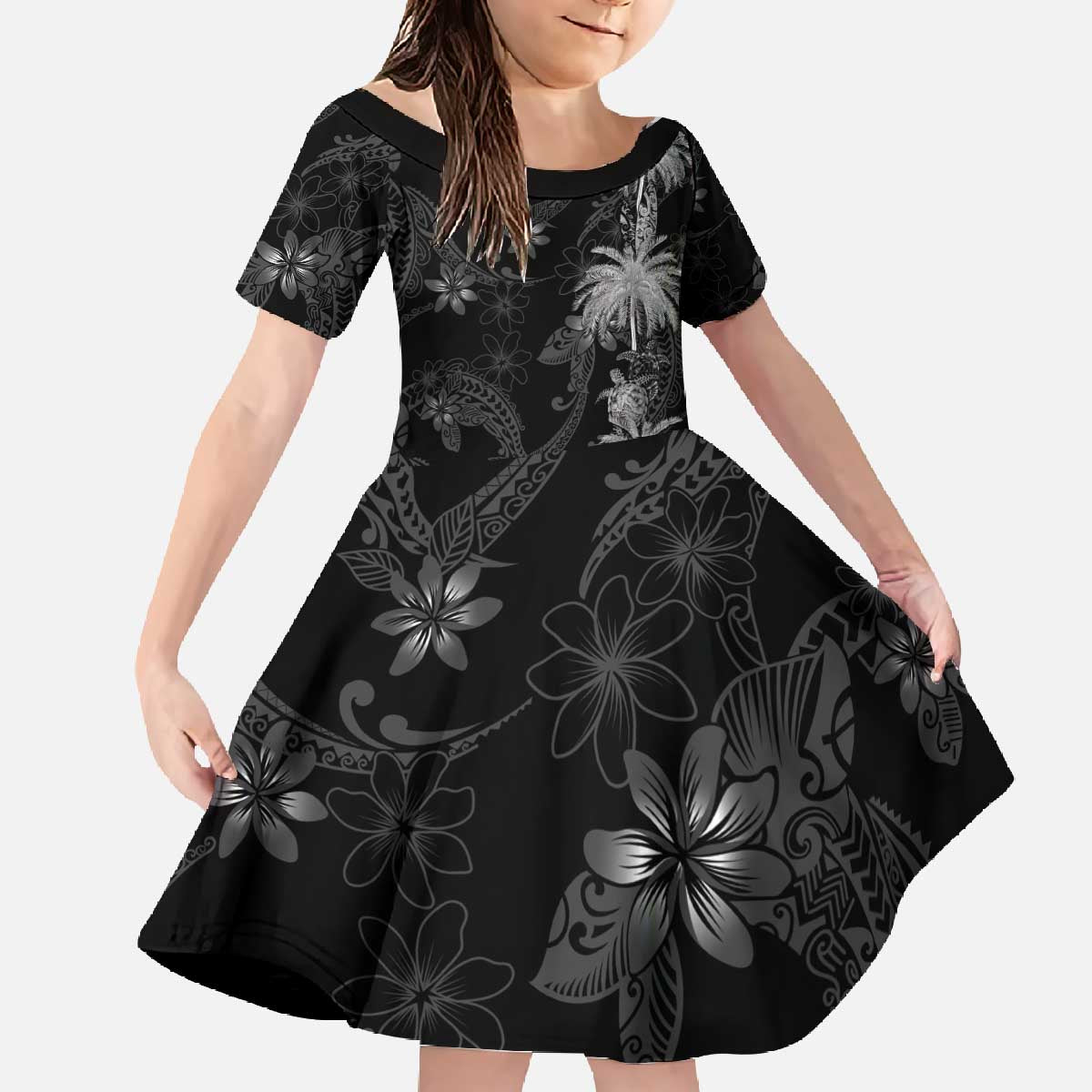 Hawaiian Honu And Surfboards Family Matching Off The Shoulder Long Sleeve Dress and Hawaiian Shirt Silver Style LT05 Daughter's Dress Silver - Polynesian Pride