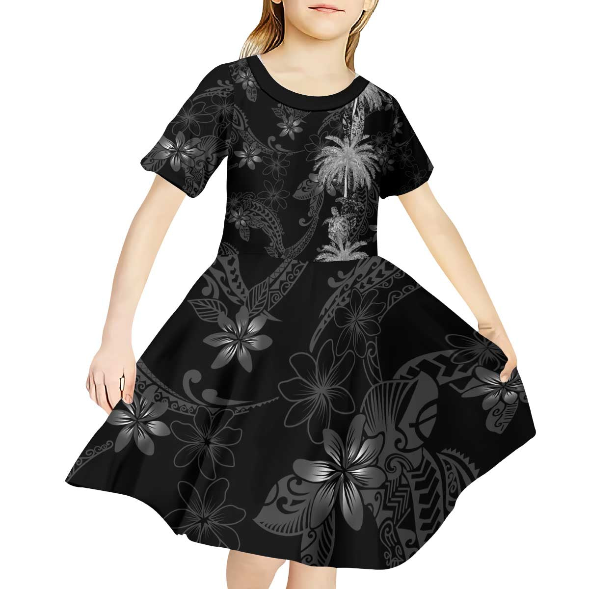 Hawaiian Honu And Surfboards Kid Short Sleeve Dress Silver Style LT05 - Polynesian Pride