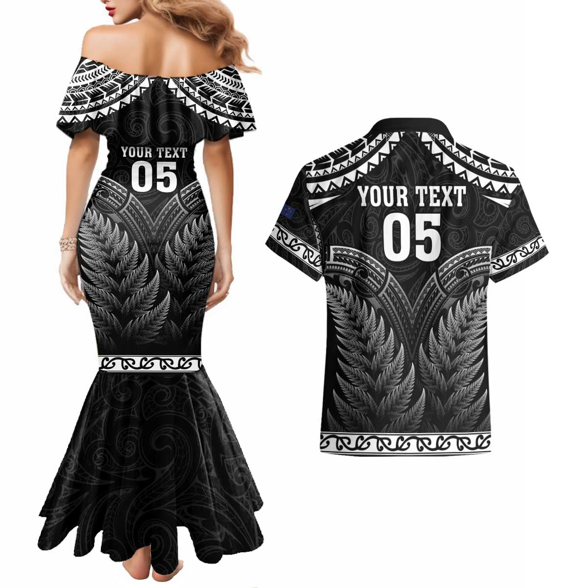 Custom New Zealand Maori Tiki Rugby Couples Matching Mermaid Dress and Hawaiian Shirt Go Aotearoa Maori Pattern LT05 - Polynesian Pride