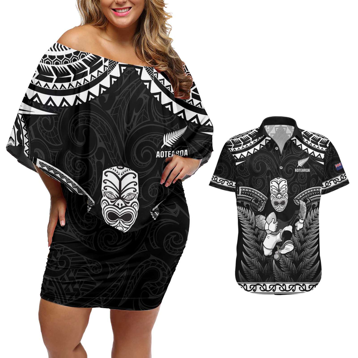 Custom New Zealand Maori Tiki Rugby Couples Matching Off Shoulder Short Dress and Hawaiian Shirt Go Aotearoa Maori Pattern LT05 Black - Polynesian Pride
