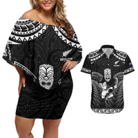 Custom New Zealand Maori Tiki Rugby Couples Matching Off Shoulder Short Dress and Hawaiian Shirt Go Aotearoa Maori Pattern LT05 Black - Polynesian Pride