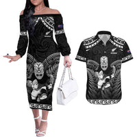 Custom New Zealand Maori Tiki Rugby Couples Matching Off The Shoulder Long Sleeve Dress and Hawaiian Shirt Go Aotearoa Maori Pattern LT05 Black - Polynesian Pride