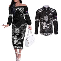 Custom New Zealand Maori Tiki Rugby Couples Matching Off The Shoulder Long Sleeve Dress and Long Sleeve Button Shirt Go Aotearoa Maori Pattern LT05 Black - Polynesian Pride