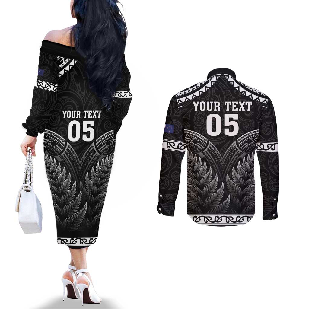 Custom New Zealand Maori Tiki Rugby Couples Matching Off The Shoulder Long Sleeve Dress and Long Sleeve Button Shirt Go Aotearoa Maori Pattern LT05 - Polynesian Pride