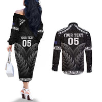 Custom New Zealand Maori Tiki Rugby Couples Matching Off The Shoulder Long Sleeve Dress and Long Sleeve Button Shirt Go Aotearoa Maori Pattern LT05 - Polynesian Pride