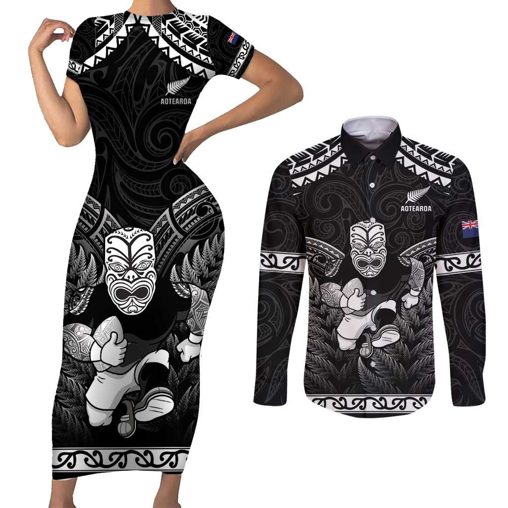 Custom New Zealand Maori Tiki Rugby Couples Matching Short Sleeve Bodycon Dress and Long Sleeve Button Shirt Go Aotearoa Maori Pattern LT05 Black - Polynesian Pride