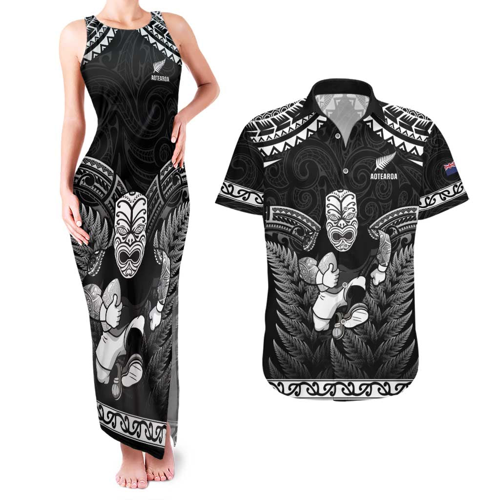 Custom New Zealand Maori Tiki Rugby Couples Matching Tank Maxi Dress and Hawaiian Shirt Go Aotearoa Maori Pattern LT05 Black - Polynesian Pride