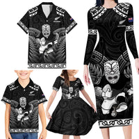Custom New Zealand Maori Tiki Rugby Family Matching Long Sleeve Bodycon Dress and Hawaiian Shirt Go Aotearoa Maori Pattern LT05 - Polynesian Pride