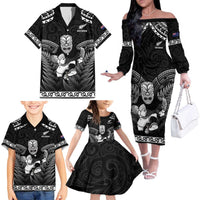 Custom New Zealand Maori Tiki Rugby Family Matching Off The Shoulder Long Sleeve Dress and Hawaiian Shirt Go Aotearoa Maori Pattern LT05 - Polynesian Pride
