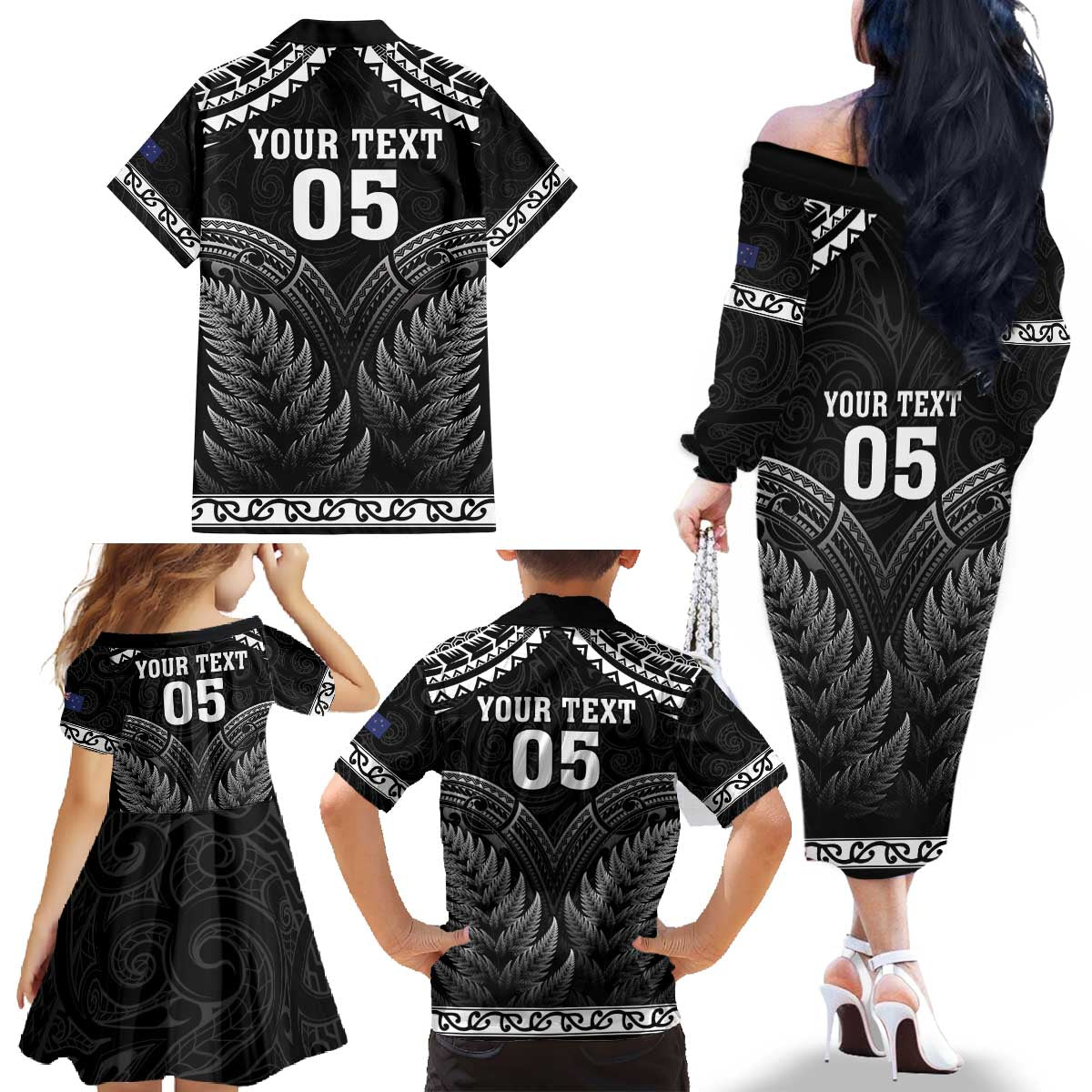 Custom New Zealand Maori Tiki Rugby Family Matching Off The Shoulder Long Sleeve Dress and Hawaiian Shirt Go Aotearoa Maori Pattern LT05 - Polynesian Pride