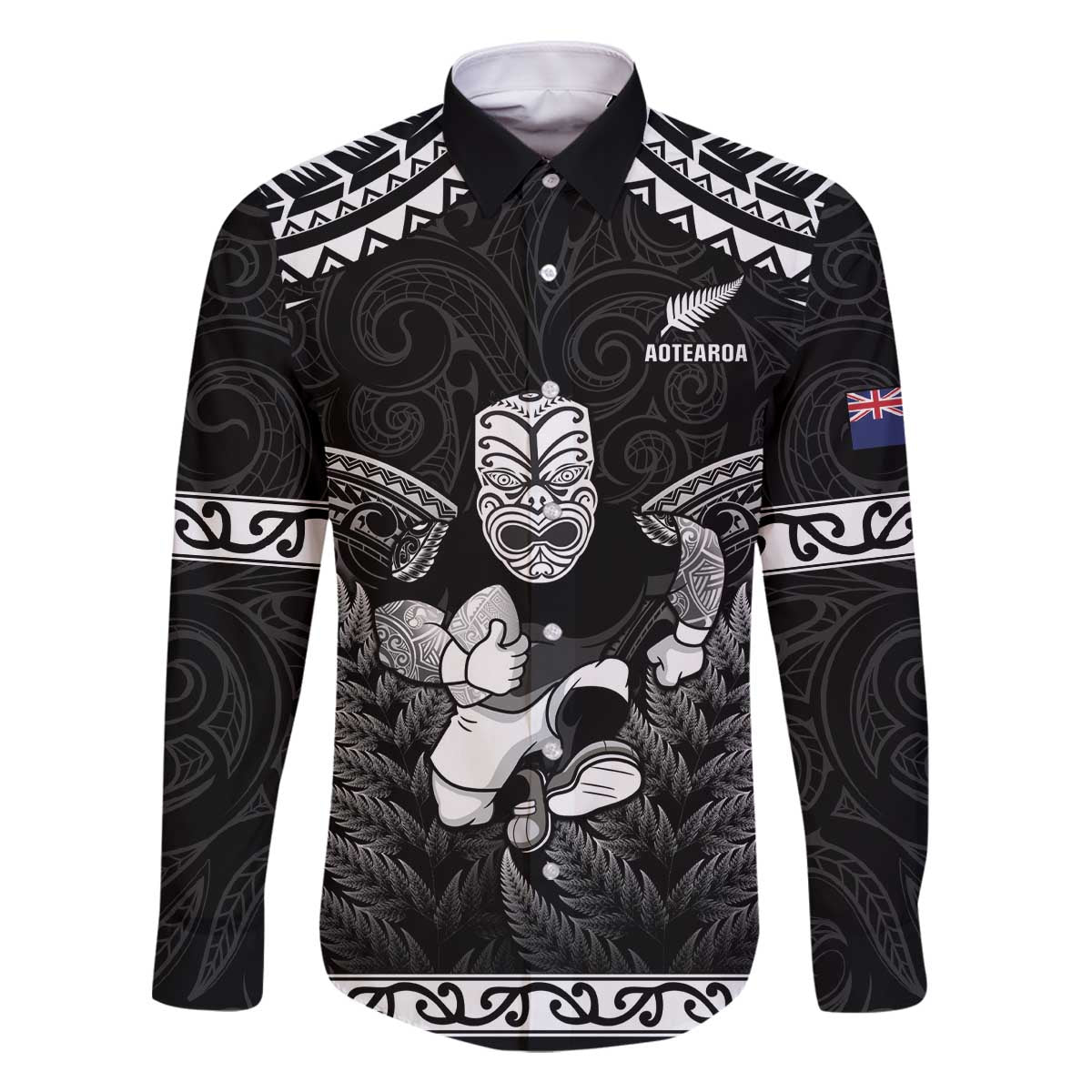 Custom New Zealand Maori Tiki Rugby Family Matching Off The Shoulder Long Sleeve Dress and Hawaiian Shirt Go Aotearoa Maori Pattern LT05 Dad's Shirt - Long Sleeve Black - Polynesian Pride