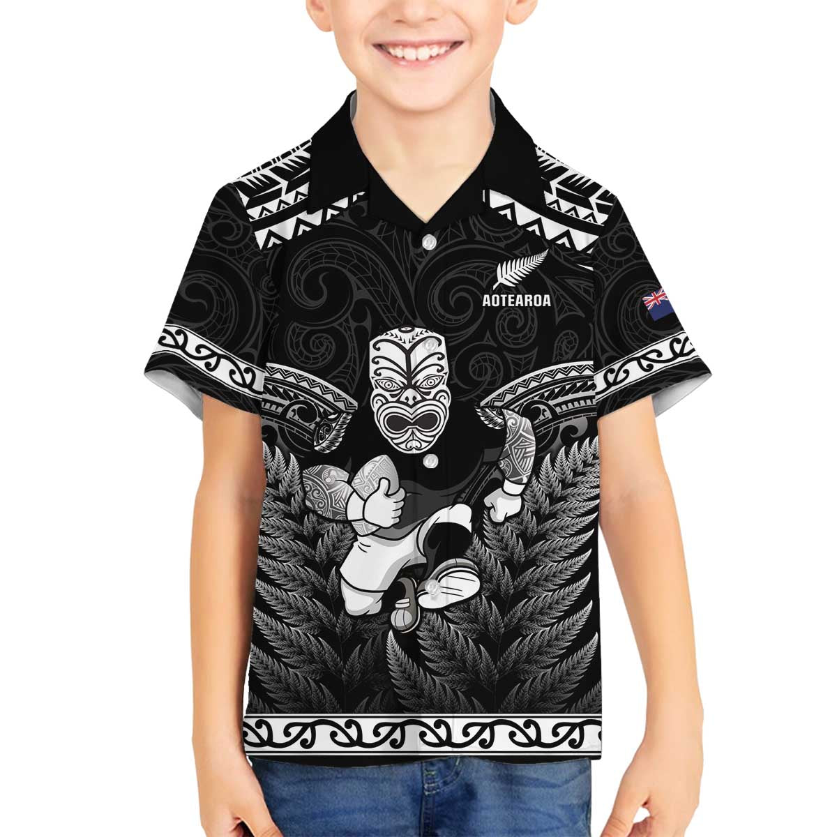 Custom New Zealand Maori Tiki Rugby Family Matching Off The Shoulder Long Sleeve Dress and Hawaiian Shirt Go Aotearoa Maori Pattern LT05 Son's Shirt Black - Polynesian Pride