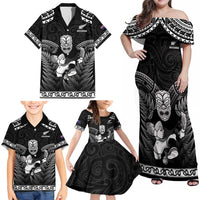 Custom New Zealand Maori Tiki Rugby Family Matching Off Shoulder Maxi Dress and Hawaiian Shirt Go Aotearoa Maori Pattern LT05 - Polynesian Pride