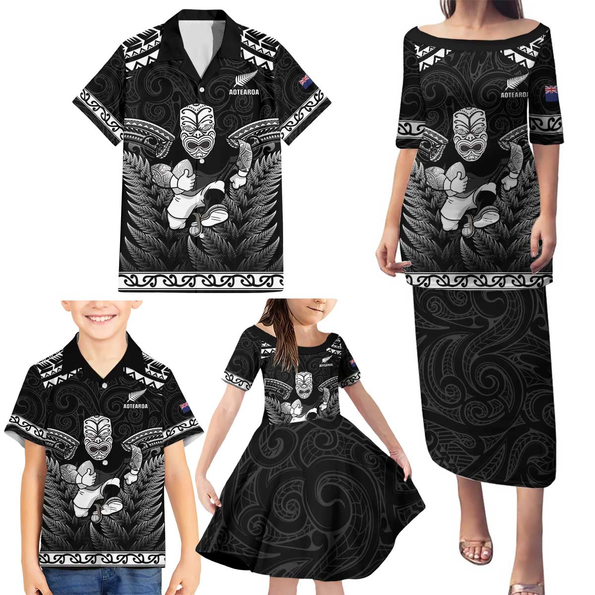 Custom New Zealand Maori Tiki Rugby Family Matching Puletasi and Hawaiian Shirt Go Aotearoa Maori Pattern LT05 - Polynesian Pride
