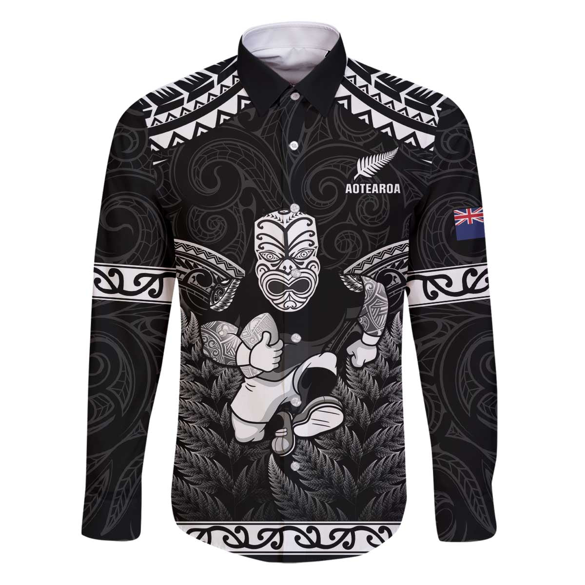 Custom New Zealand Maori Tiki Rugby Family Matching Puletasi and Hawaiian Shirt Go Aotearoa Maori Pattern LT05 Dad's Shirt - Long Sleeve Black - Polynesian Pride