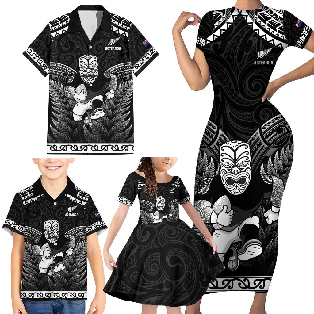 Custom New Zealand Maori Tiki Rugby Family Matching Short Sleeve Bodycon Dress and Hawaiian Shirt Go Aotearoa Maori Pattern LT05 - Polynesian Pride