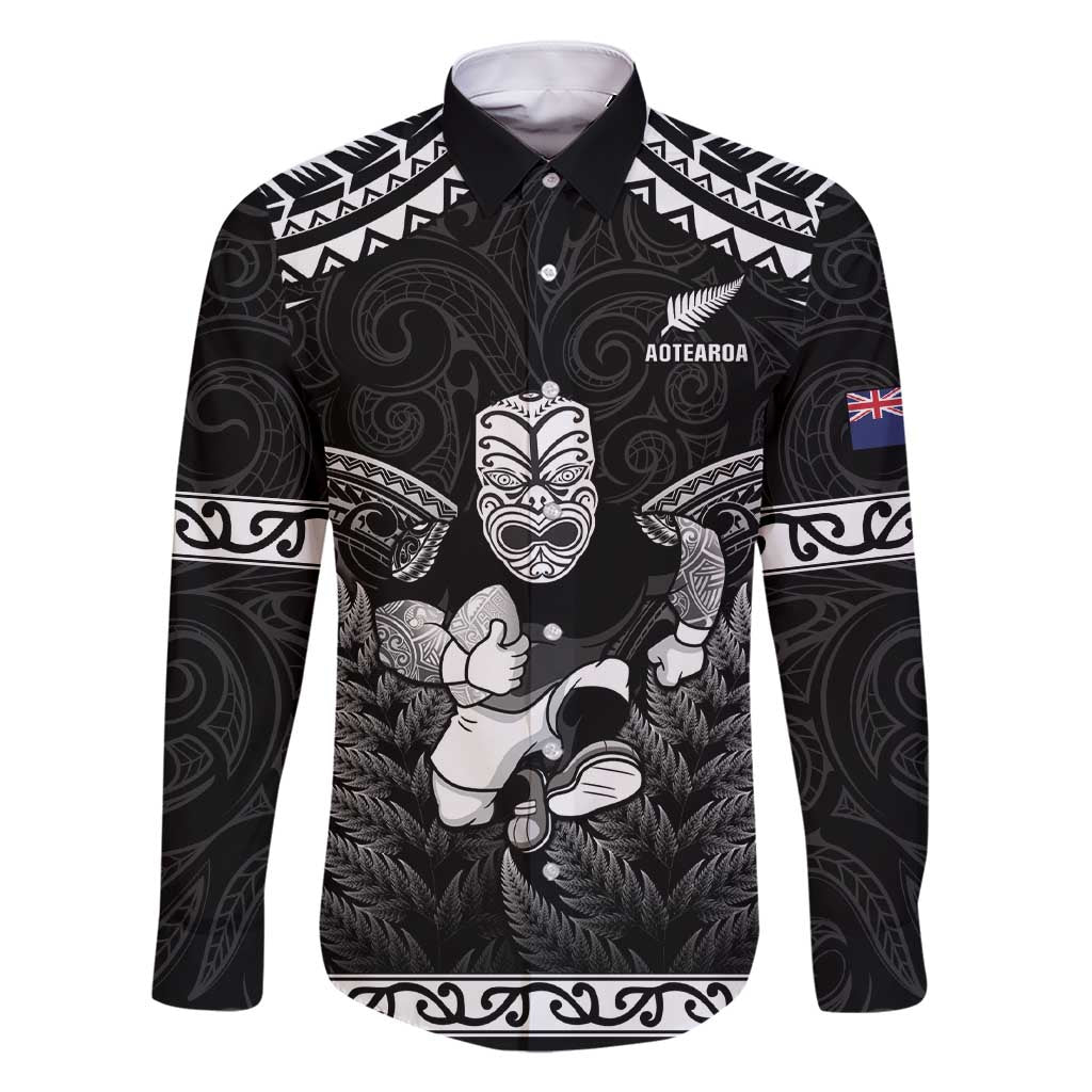 Custom New Zealand Maori Tiki Rugby Family Matching Short Sleeve Bodycon Dress and Hawaiian Shirt Go Aotearoa Maori Pattern LT05 Dad's Shirt - Long Sleeve Black - Polynesian Pride