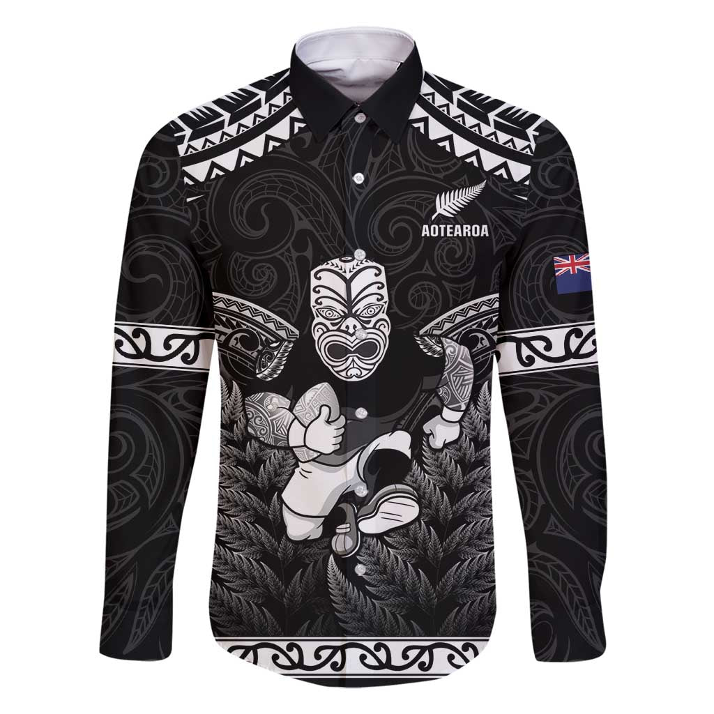 Custom New Zealand Maori Tiki Rugby Family Matching Summer Maxi Dress and Hawaiian Shirt Go Aotearoa Maori Pattern LT05 Dad's Shirt - Long Sleeve Black - Polynesian Pride