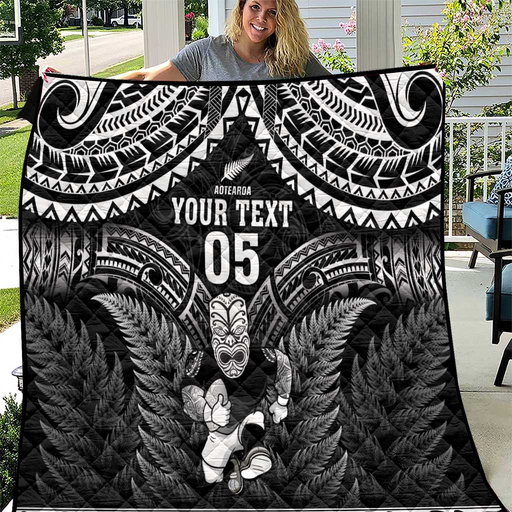 Custom New Zealand Maori Tiki Rugby Quilt Go Aotearoa Maori Pattern LT05 Black - Polynesian Pride