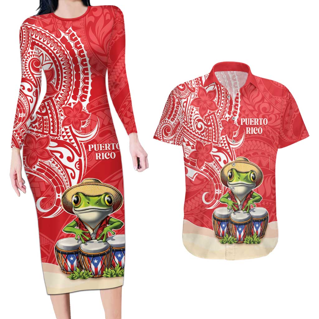 Personalized Puerto Rico Couples Matching Long Sleeve Bodycon Dress and Hawaiian Shirt Coqui Frog With Polynesian Pattern LT05 Red - Polynesian Pride
