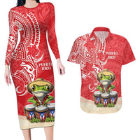 Personalized Puerto Rico Couples Matching Long Sleeve Bodycon Dress and Hawaiian Shirt Coqui Frog With Polynesian Pattern LT05 Red - Polynesian Pride