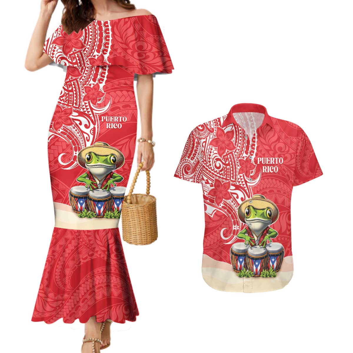Personalized Puerto Rico Couples Matching Mermaid Dress and Hawaiian Shirt Coqui Frog With Polynesian Pattern LT05 Red - Polynesian Pride