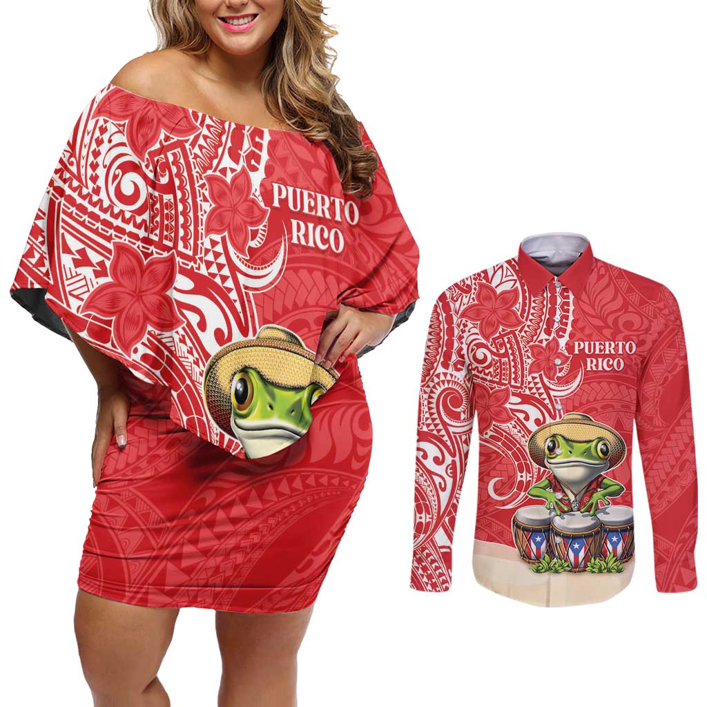 Personalized Puerto Rico Couples Matching Off Shoulder Short Dress and Long Sleeve Button Shirt Coqui Frog With Polynesian Pattern - Polynesian Pride