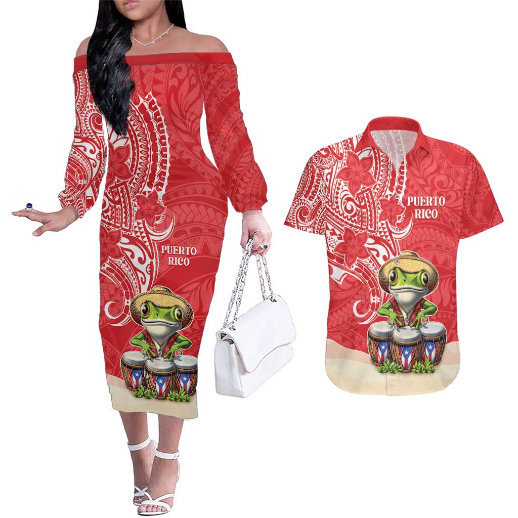 Personalized Puerto Rico Couples Matching Off The Shoulder Long Sleeve Dress and Hawaiian Shirt Coqui Frog With Polynesian Pattern LT05 Red - Polynesian Pride