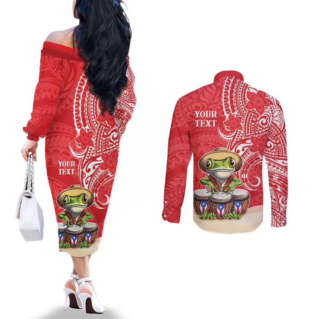 Personalized Puerto Rico Couples Matching Off The Shoulder Long Sleeve Dress and Long Sleeve Button Shirt Coqui Frog With Polynesian Pattern - Polynesian Pride