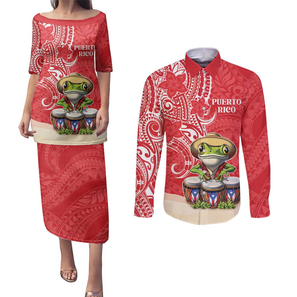 Personalized Puerto Rico Couples Matching Puletasi and Long Sleeve Button Shirt Coqui Frog With Polynesian Pattern - Polynesian Pride