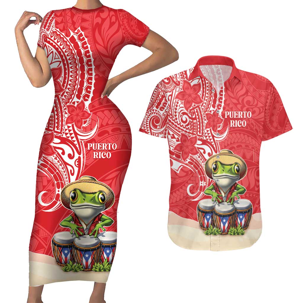 Personalized Puerto Rico Couples Matching Short Sleeve Bodycon Dress and Hawaiian Shirt Coqui Frog With Polynesian Pattern LT05 Red - Polynesian Pride