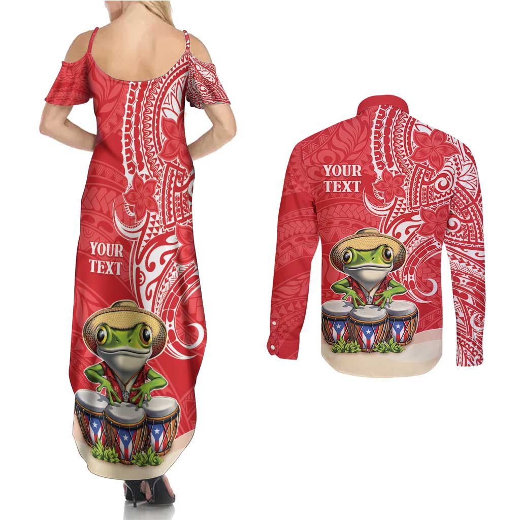 Personalized Puerto Rico Couples Matching Summer Maxi Dress and Long Sleeve Button Shirt Coqui Frog With Polynesian Pattern - Polynesian Pride