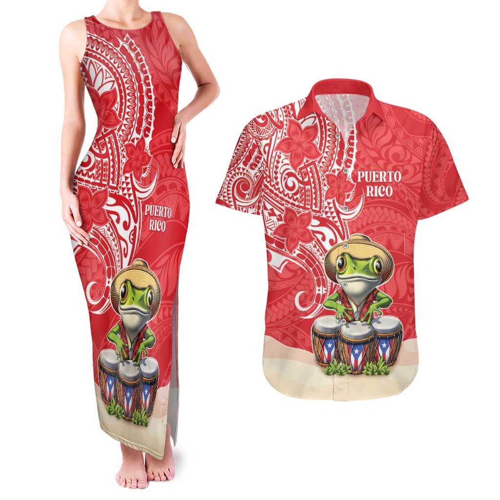 Personalized Puerto Rico Couples Matching Tank Maxi Dress and Hawaiian Shirt Coqui Frog With Polynesian Pattern LT05 Red - Polynesian Pride