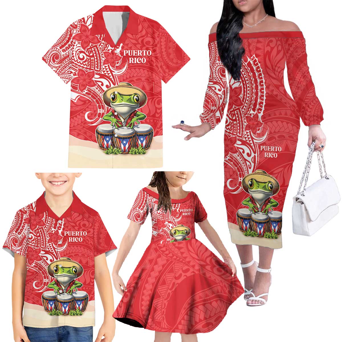 Personalized Puerto Rico Family Matching Off The Shoulder Long Sleeve Dress and Hawaiian Shirt Coqui Frog With Polynesian Pattern LT05 - Polynesian Pride
